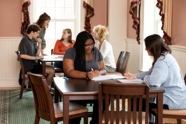 Students study and talk at wooden tables in a bright room with large windows. Two students in the foreground review notes together, writing in notebooks. A small group in the background discusses work near another table. Pink walls, patterned carpet, and window drapes frame the study space.